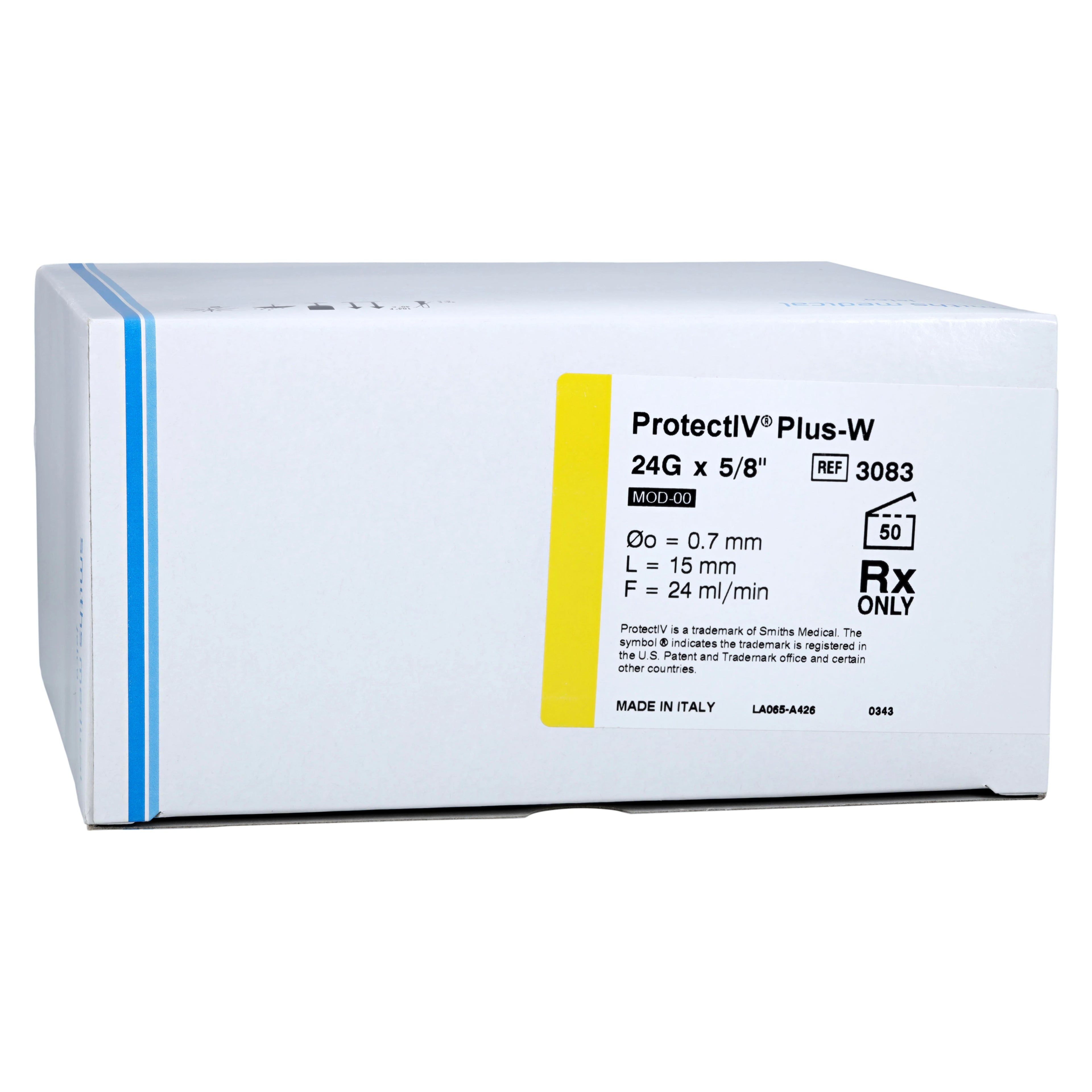 Jelco Protectiv Plus IV Catheter with Wings, 24 Gauge, 5/8" Length, Safety Straight, Yellow, Sterile, 50/Box
