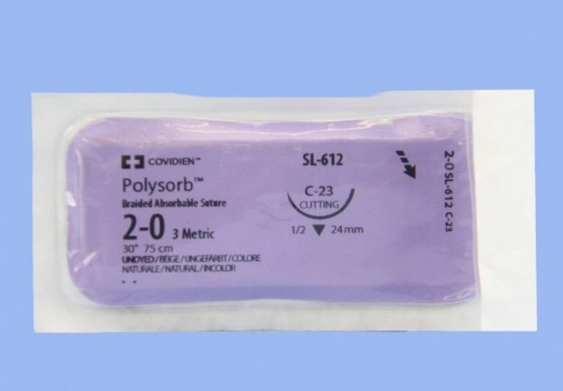 Medtronic Polysorb Absorbable Suture, 2-0, 30" Polyester Braid, C-23 Reverse Cutting 1/2 Circle Needle 24mm, Undyed, 36/Case