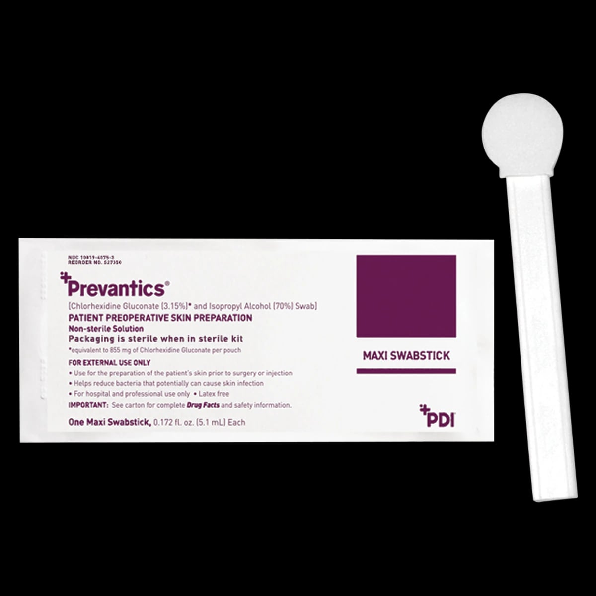 PDI Prevantics Maxi Swabstick, 3.25" x 8", 3.15% Chlorhexidine Gluconate/70% Isopropyl Alcohol, 30/Box, S41950