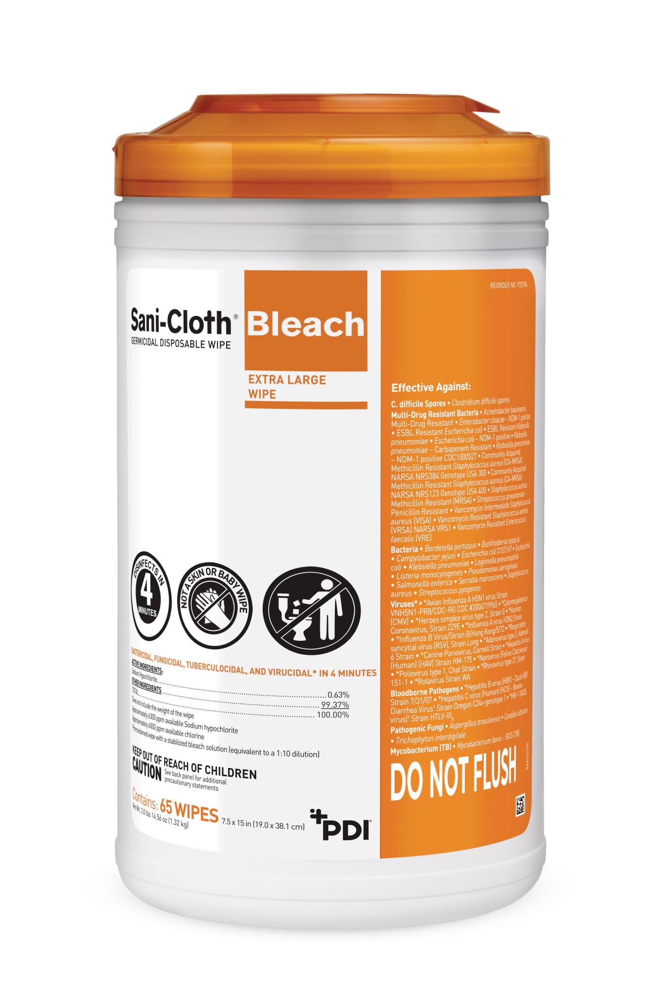 PDI Sani-Cloth Bleach Germicidal Disposable Wipes, Extra Large 7.5" x 15", 65 Wipes/Canister, P25784