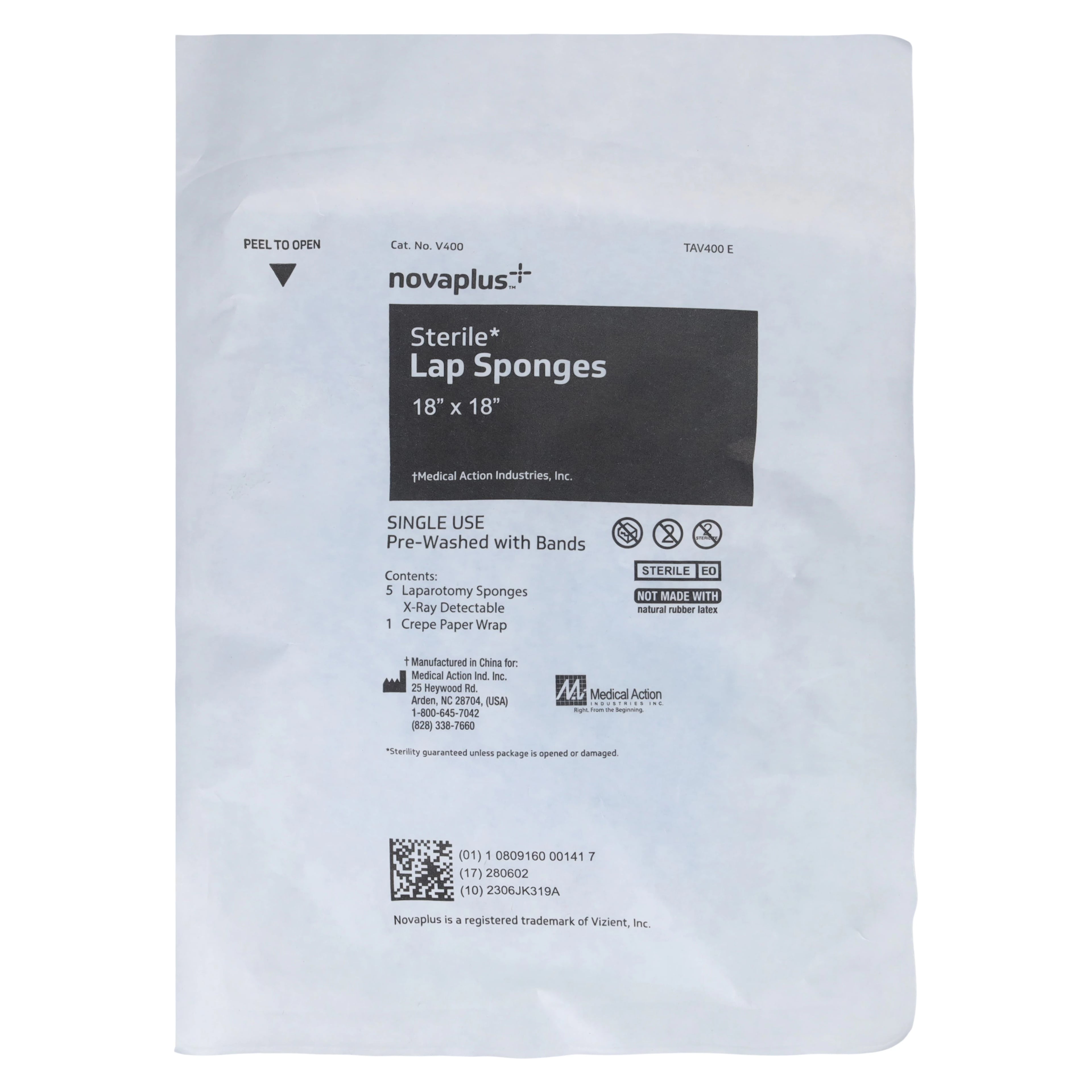 Medical Action Industries Lap Sponge, Pocket Pack, Sterile, 18x18", Pre-Washed, X-Ray Detectable, Cotton