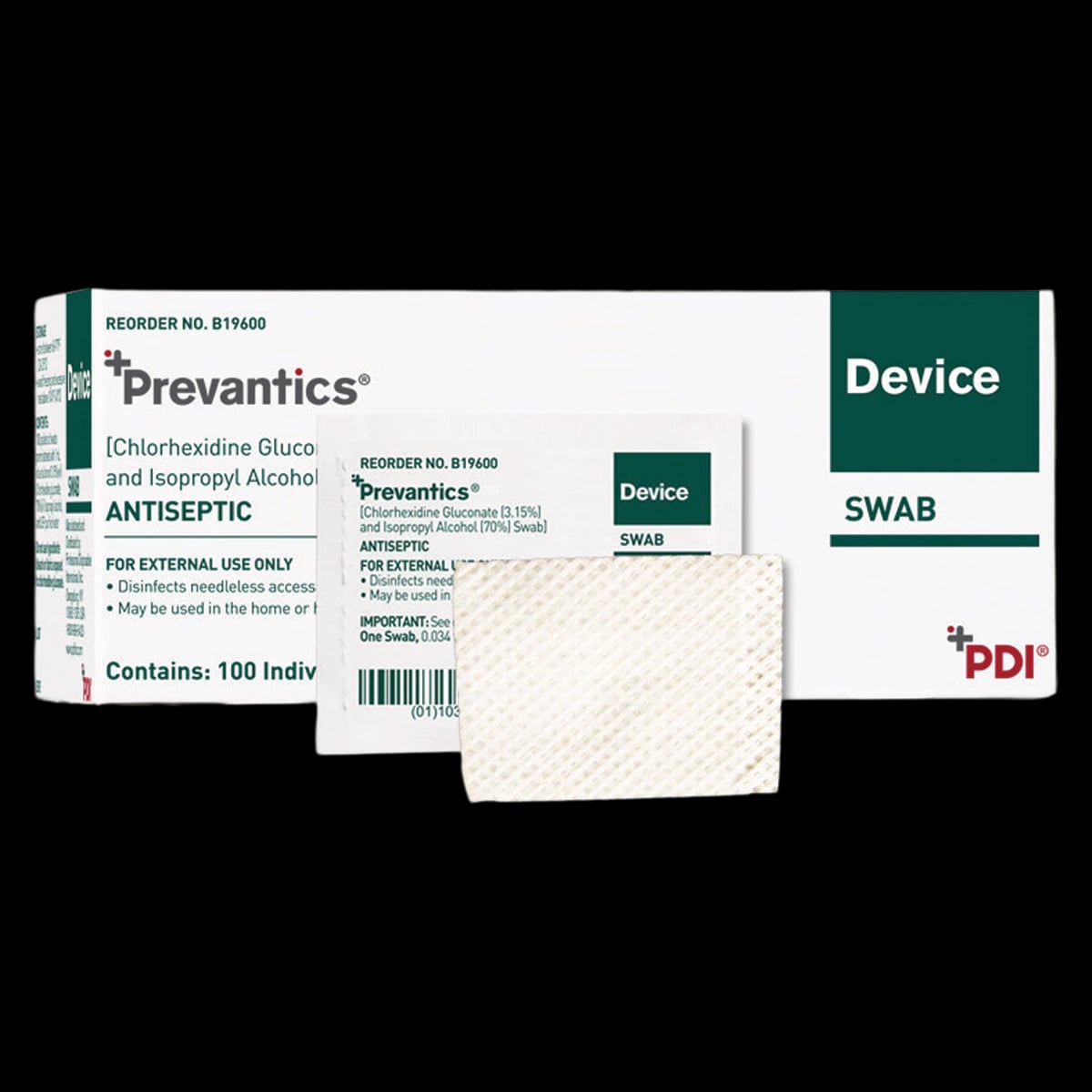 PDI Prevantics Device Swab Prep Pad, 3.15% CHG / 70% Isopropyl Alcohol, 1-1/8 x 3-1/8", Nonsterile, 100/Pk