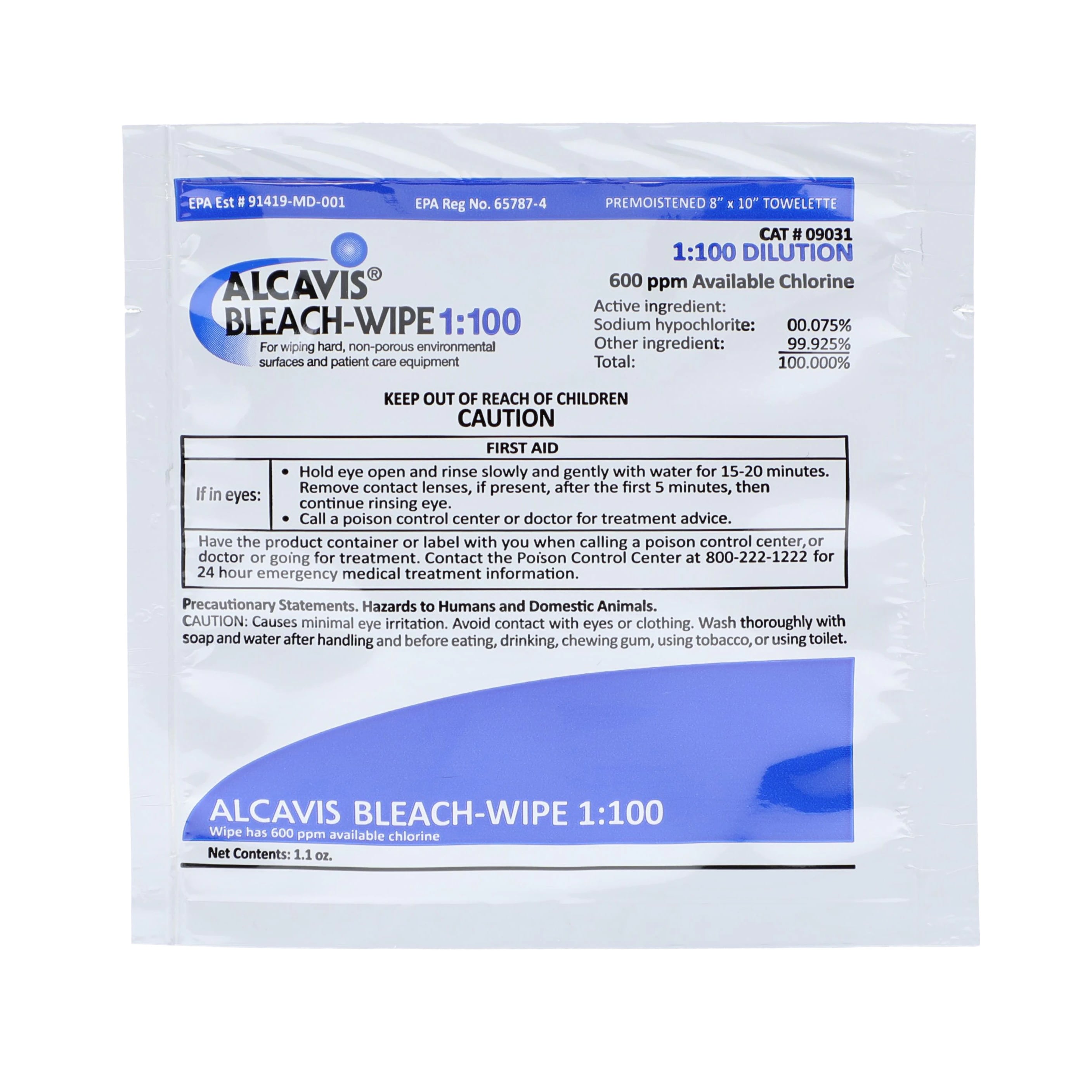 Alcavis Surface Wipe Disinfectant Singles, 8 in x 10 in, Individually Packaged, 100/Box