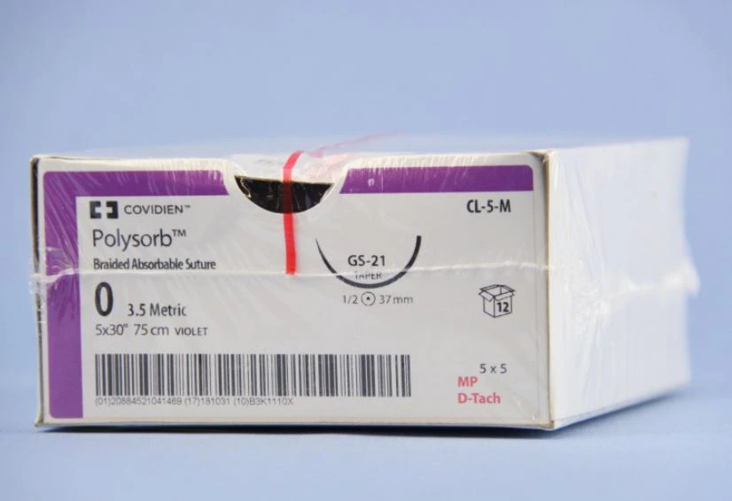Medtronic Polysorb Absorbable Suture, Size 0, 30" Polyester Braid, GS-21 Taper Point 1/2 Circle Needle 37mm, Coated Violet, 12/Case