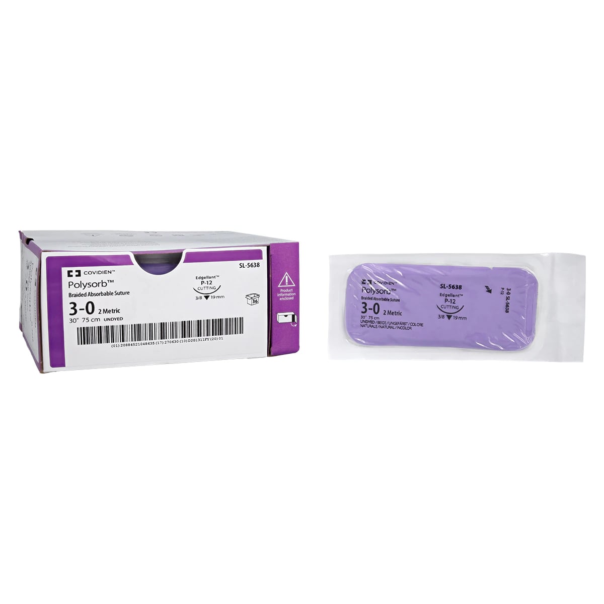 Medtronic Polysorb Absorbable Suture, 3-0, 30", P-12 Premium Reverse Cutting 3/8 Circle Needle 19mm, Coated, Undyed, 36/Case