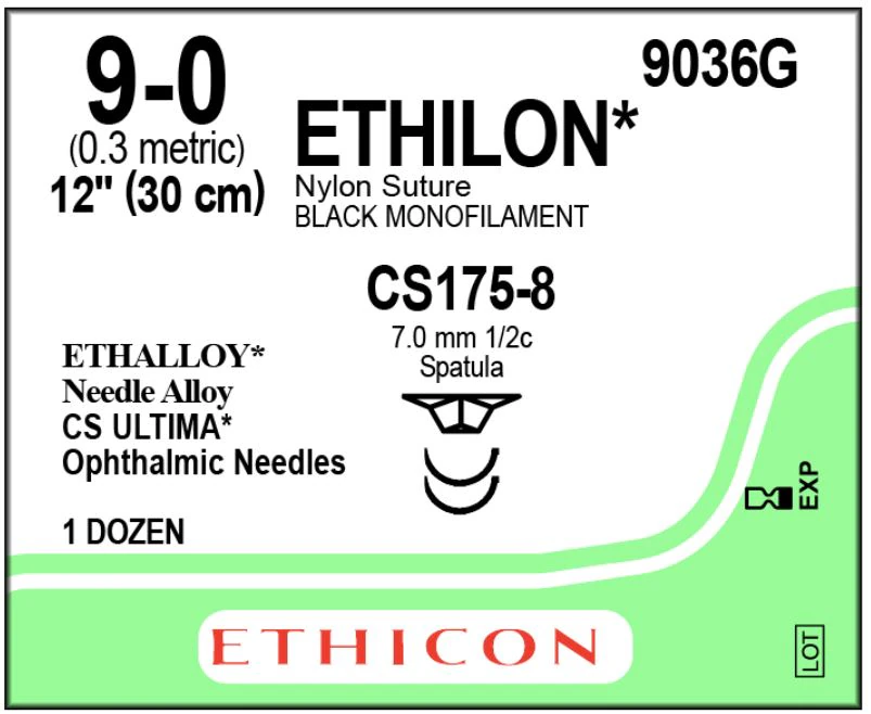 Ethicon Ethilon Nylon Monofilament Non-Absorbable Suture, Size 9-0, 12", Black, CS175-8 Ultima Reverse Cutting 1/2 Circle Needle, 1 dz/bx, 9036G