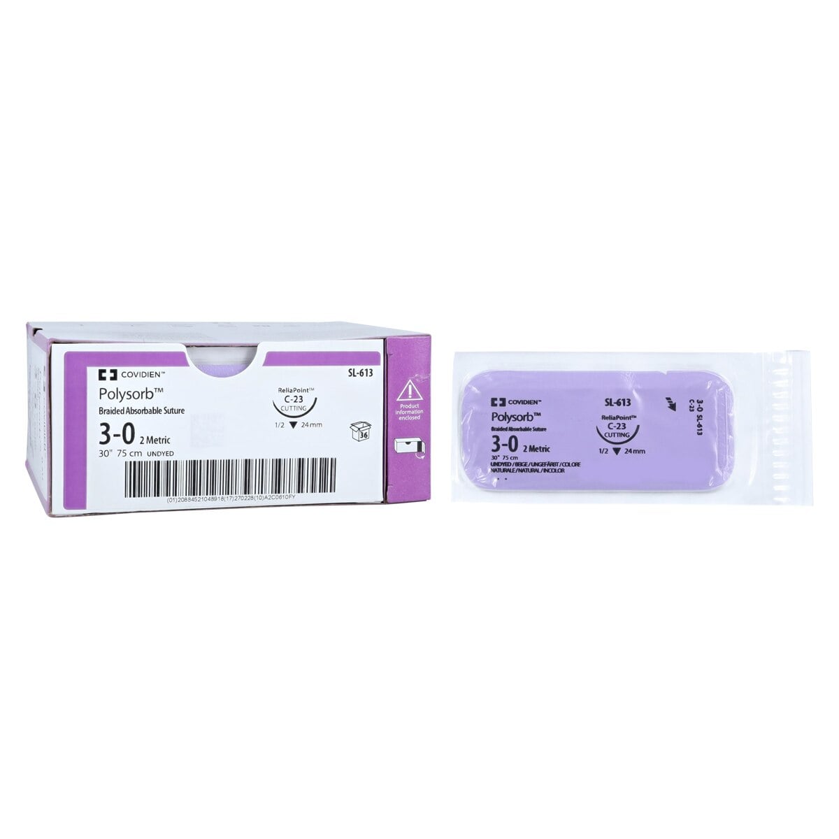 Medtronic Polysorb 3-0 Suture, 30" Polyester Braid, C-23 Reverse Cutting 1/2 Circle Needle 24mm, Undyed, 36/Case