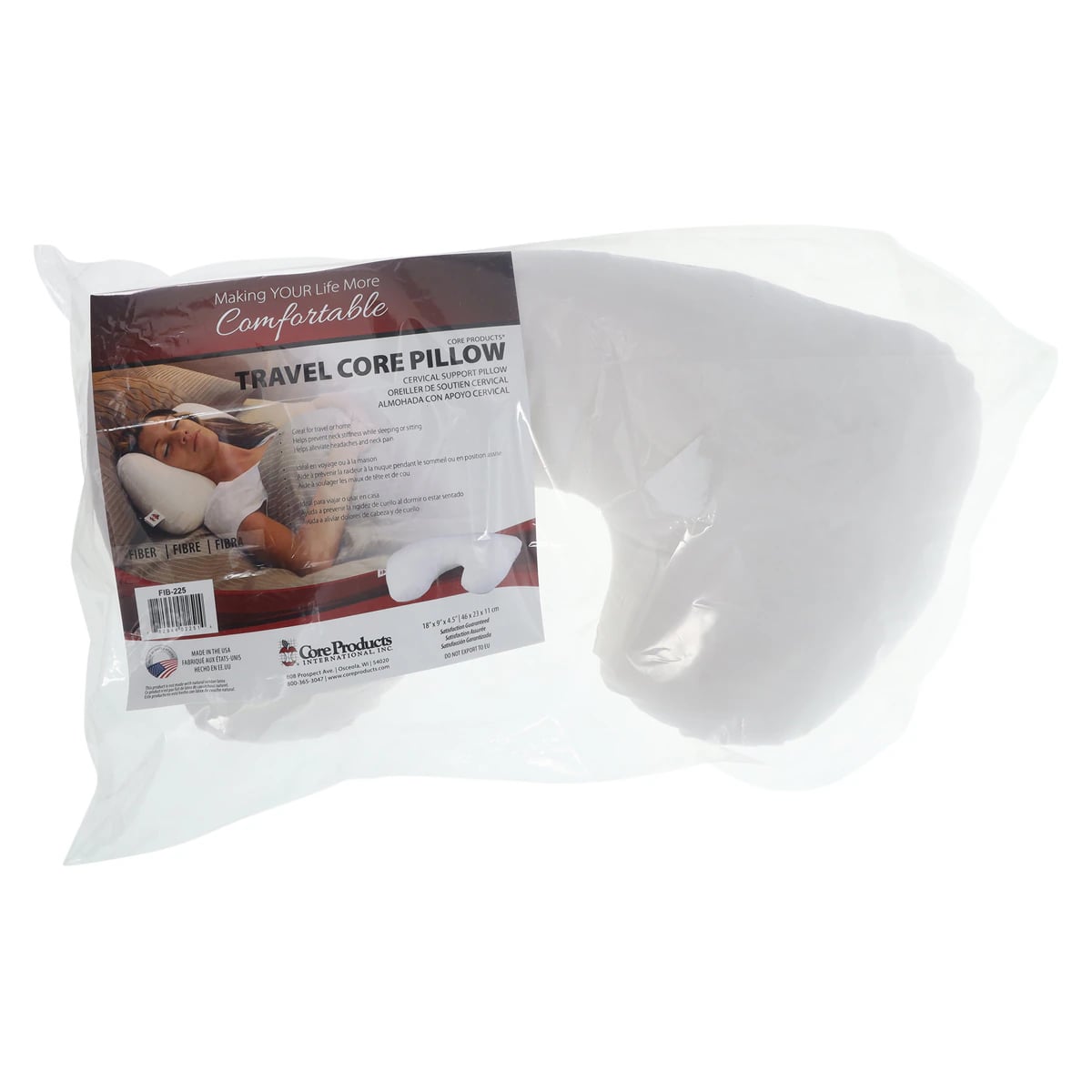 Core Products Travel Core Positioning Pillow, Reusable, 18 in x 9 in, White, Each