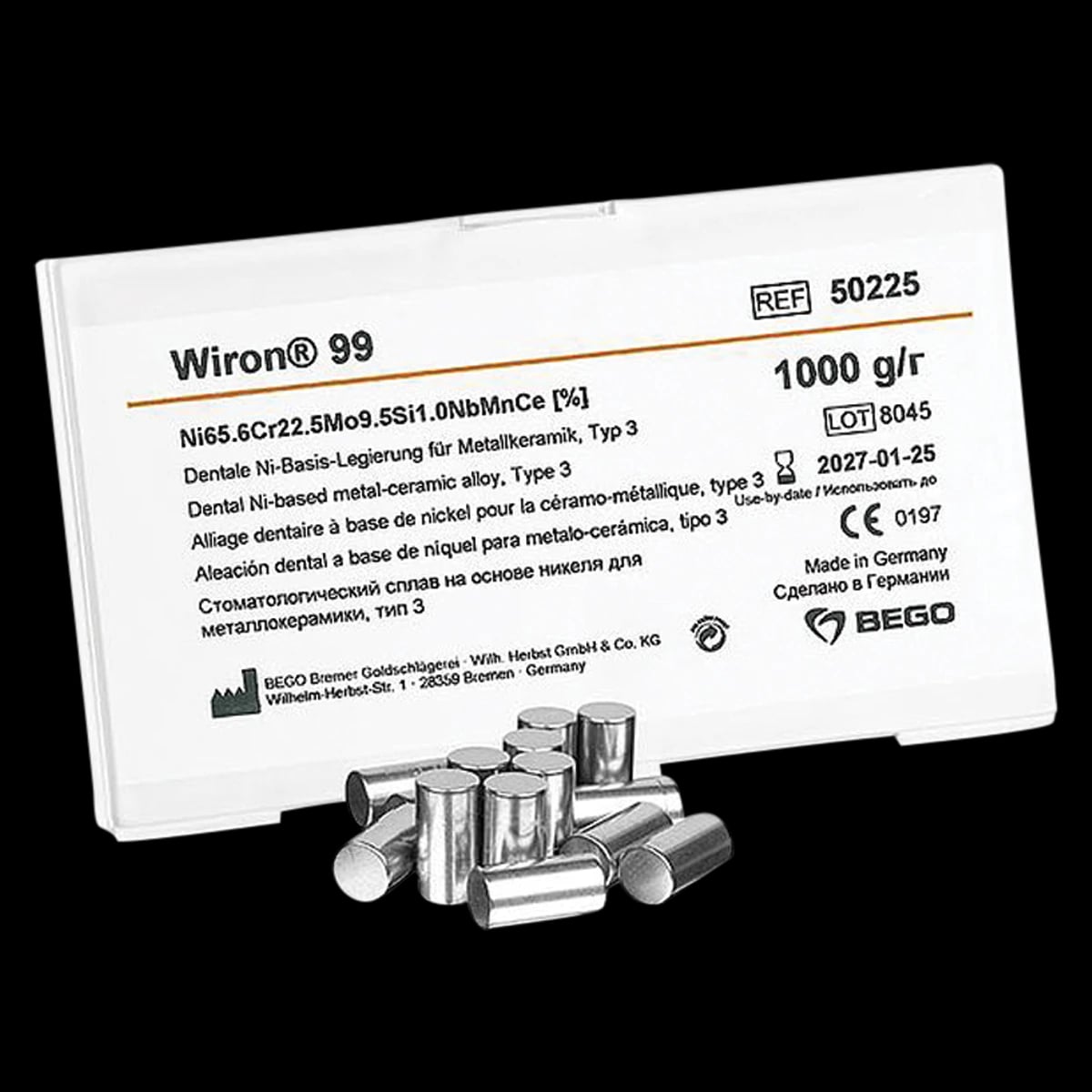 Wiron 99 NiCr Alloy for Metal-Ceramic Work, Beryllium-Free, 250g, Bego USA