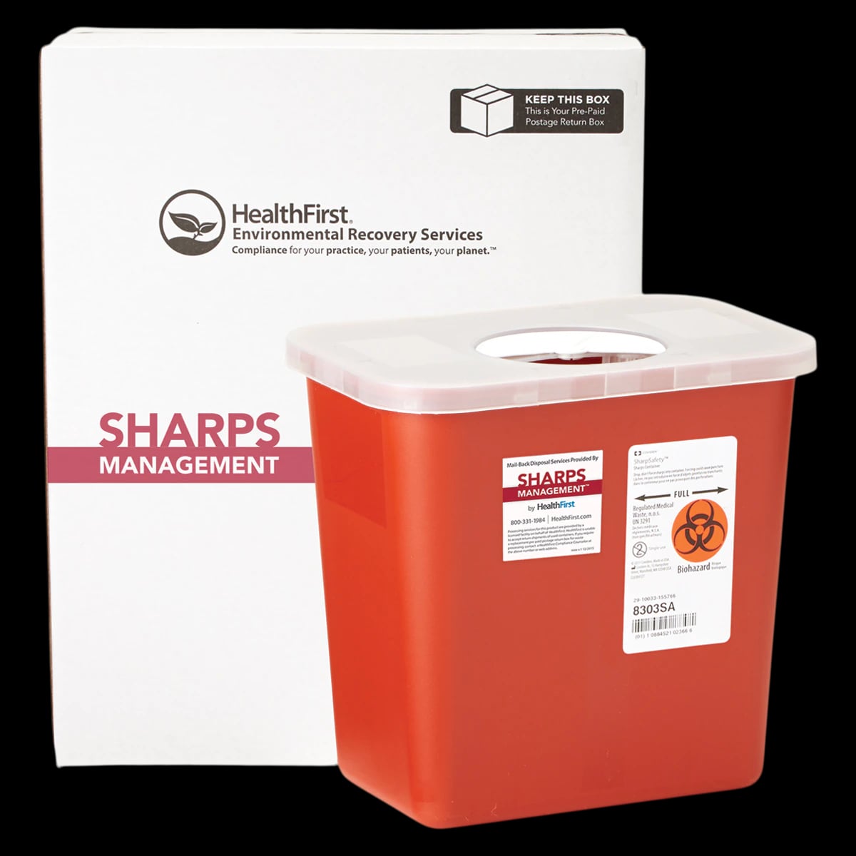 Healthfirst Sharps Management Mailback System, 2-Gallon Sharps Container with Ship-Back Box, Red/White, 10.5"L x 7"W x 10"H