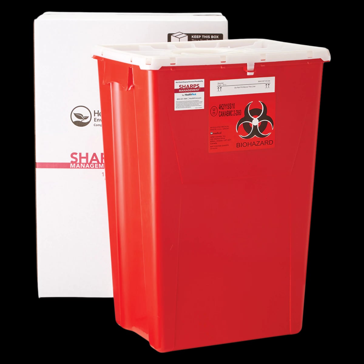 Healthfirst Sharps Management 18-Gallon Mail-Back Container with Ship-Back Box, Red/White, 17"L x 12.25"W x 24.5"H