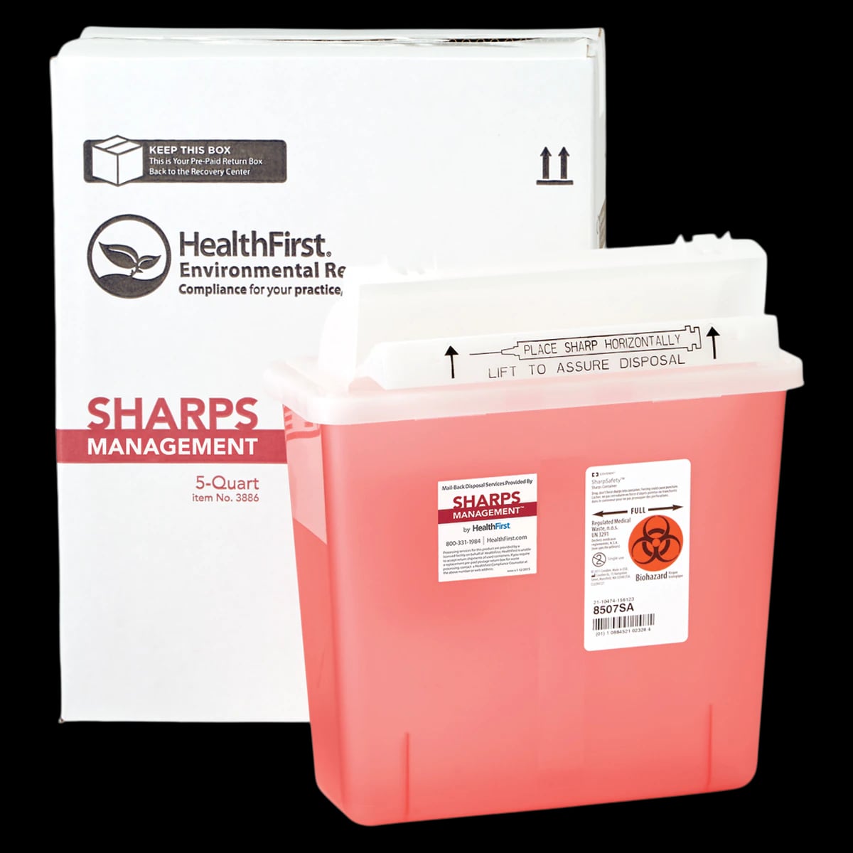 Healthfirst Sharps Container Mailback, 5 Qt, Red/White, 10-1/2" x 4-1/2" x 12", Closing Lid, Disposable