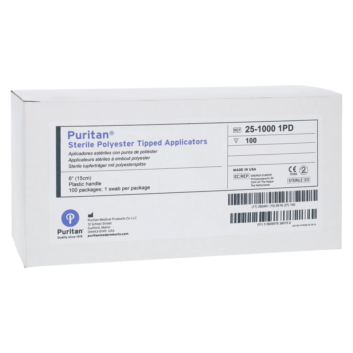 Puritan Medical Products Sterile Polyester Mini-Tip Swab, White, 6 in Plastic Tapered Handle, 100/Box