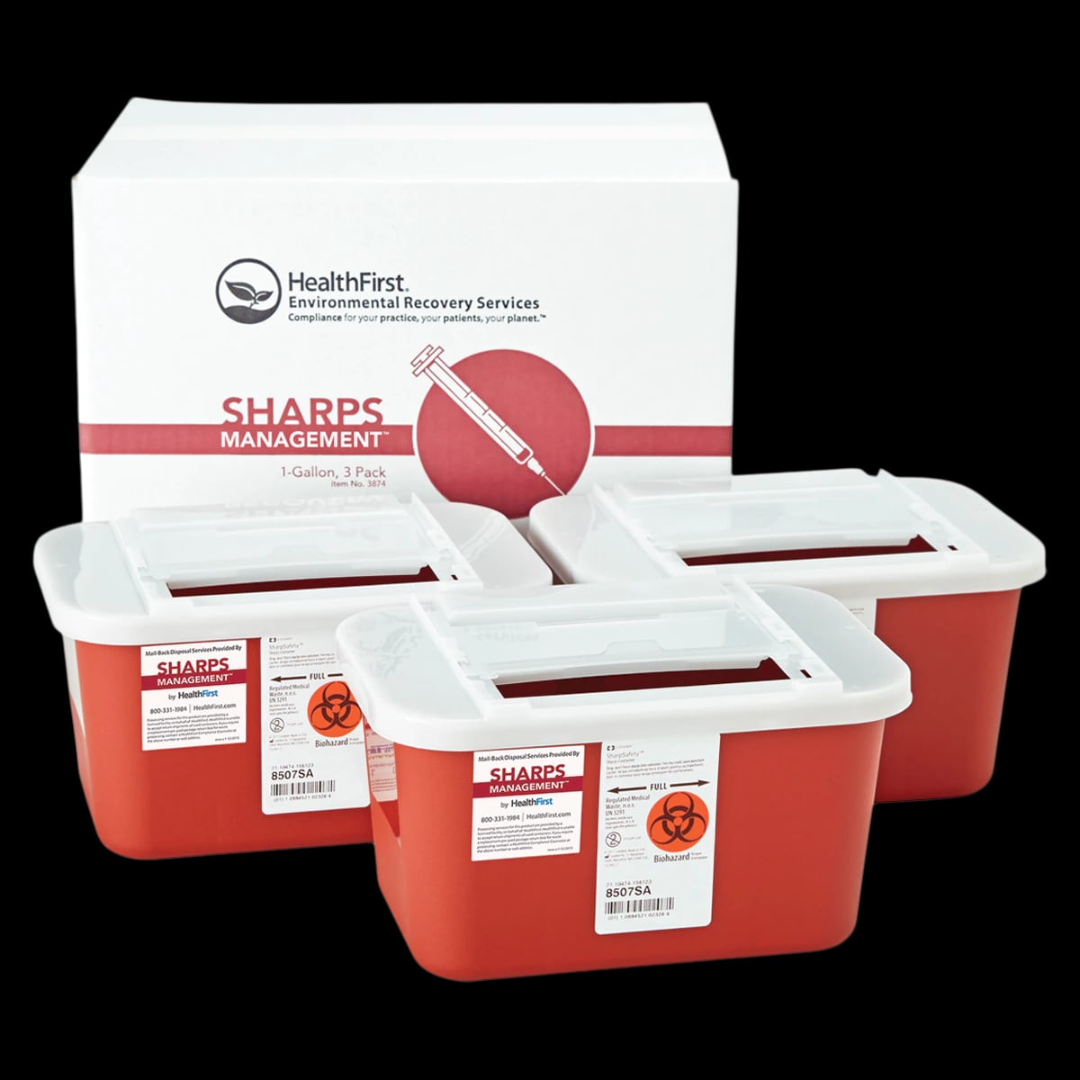 Healthfirst Sharps Container Mailback System, 1 Gallon, Red/White, 3-Pack