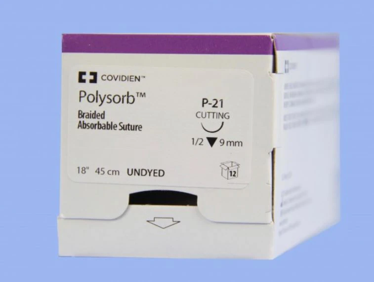 Medtronic Polysorb Absorbable Suture, 4-0, 18", P-21 Premium Reverse Cutting 1/2 Circle Needle 9mm, Undyed, 12/Case
