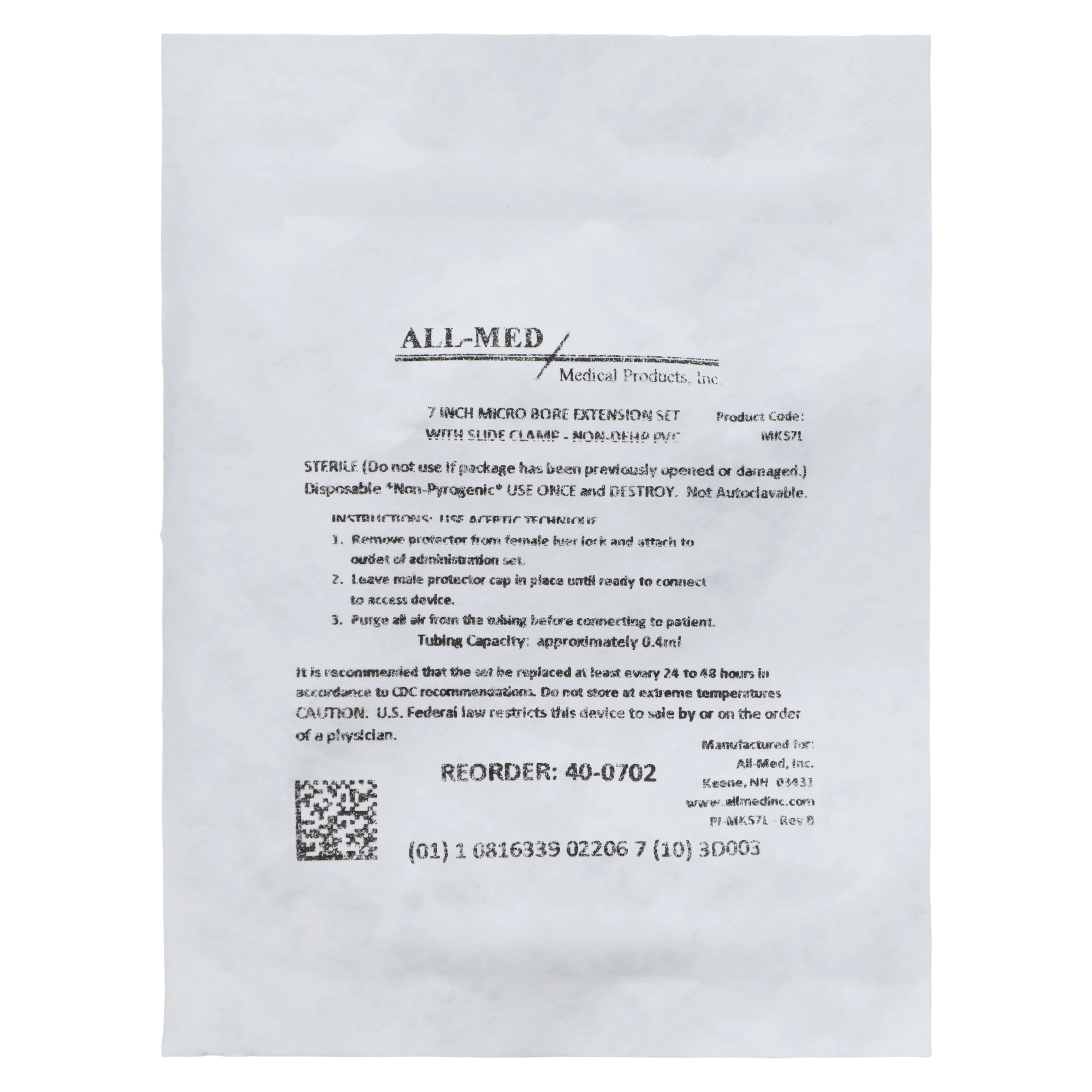 All-Med IV Extension Set with Slide Clamp, 7" Male/Female Luer Lock, Microbore, Priming Volume 0.2 mL, Sterile, 50/Box