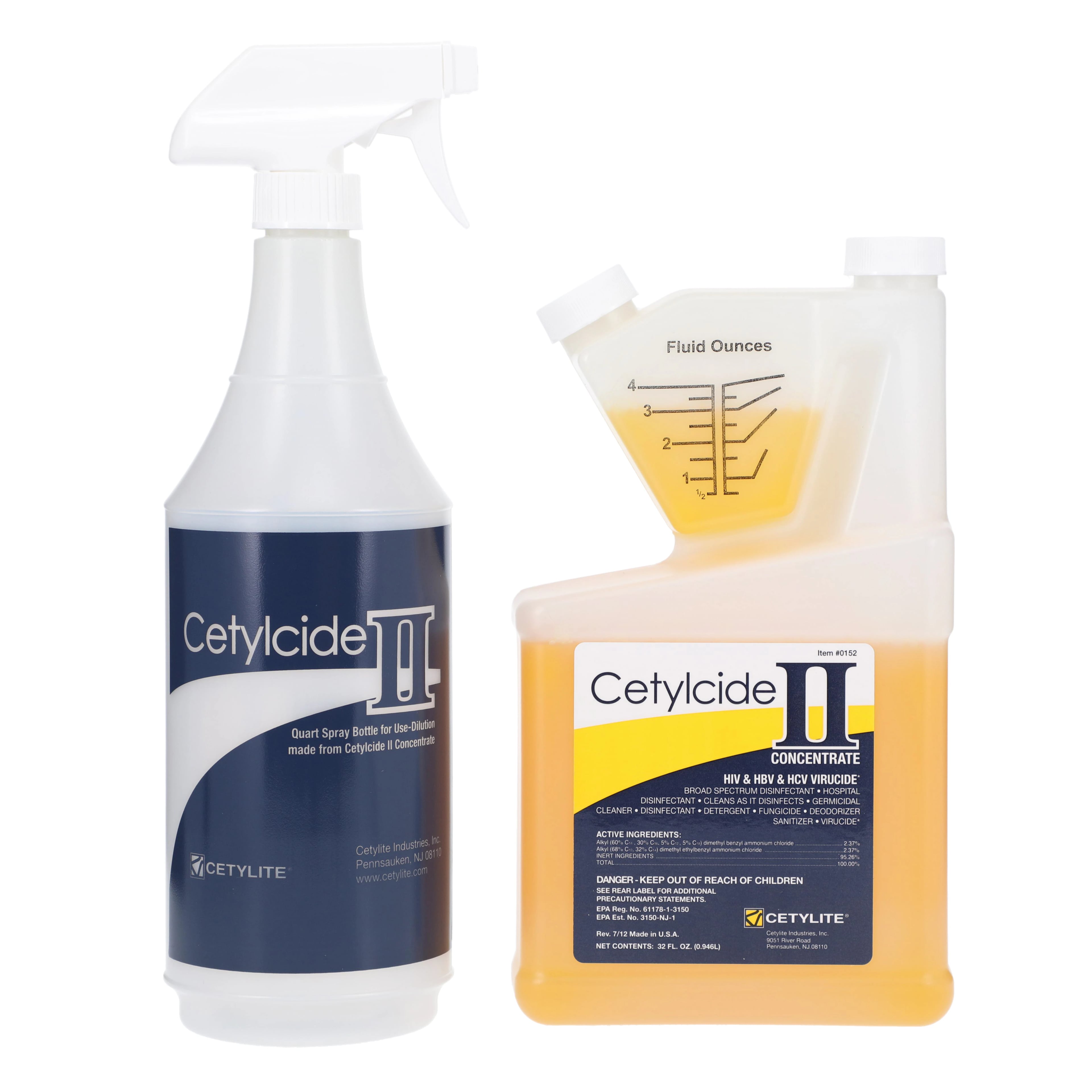 Cetylcide-II Hard Surface Disinfectant Concentrate, Lemon Scent, 32 oz (1 Quart) with 32 oz Spray Bottle, 0152