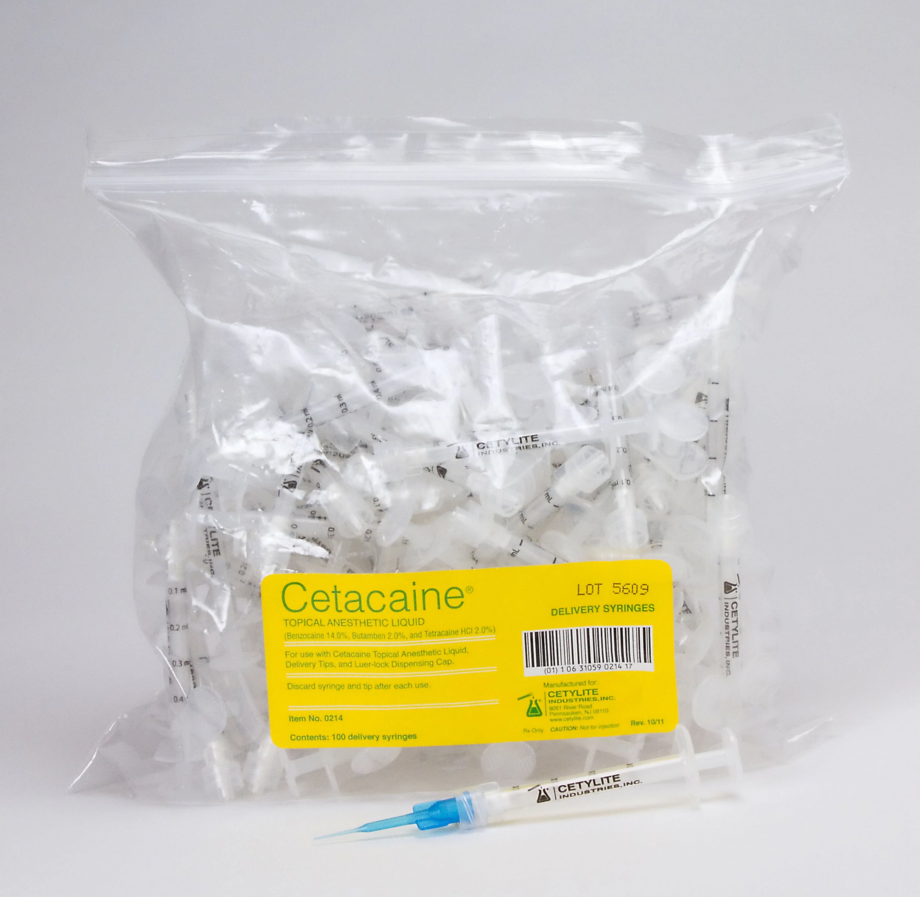 Cetacaine Topical Anesthetic Liquid Delivery Syringes, Luer Lock, Graduated 0.1 mL Increments, 100/Pkg, 0214