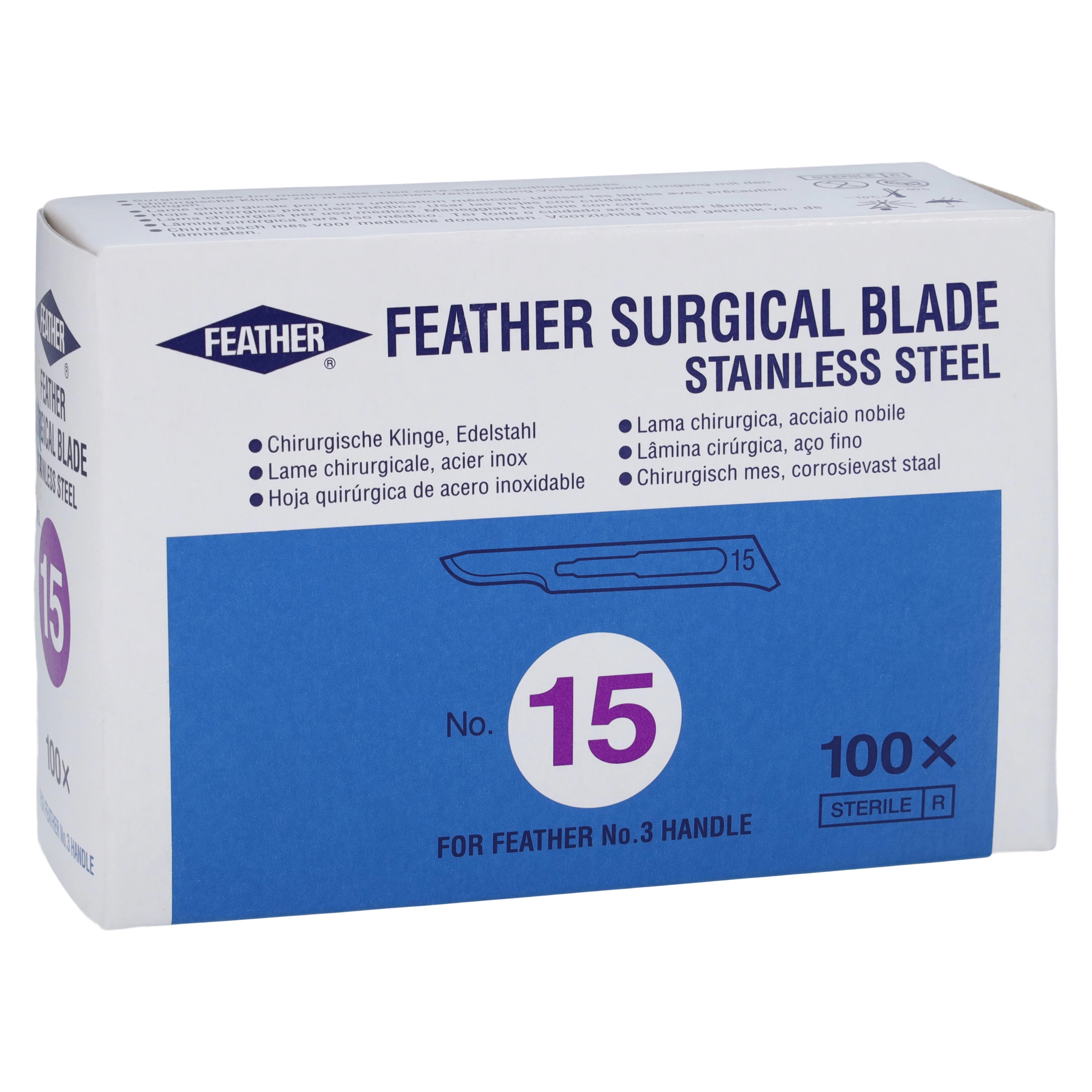 Feather Stainless Steel Sterile Surgical Scalpel Blade, Size 15, Disposable, 100/Box