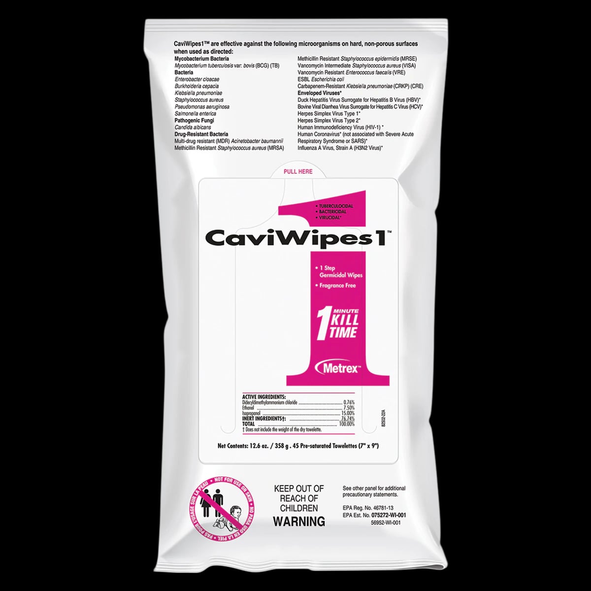 CaviWipes1 Disinfectant Towelettes, Flat Pack, 7" x 9", 45/Pk, EPA 46781-13