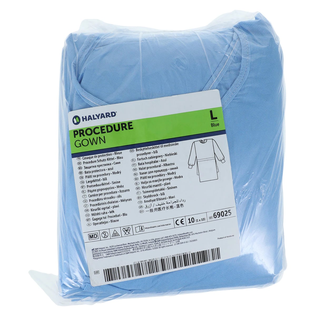 O & M Halyard Procedure Gown, Non-Sterile, 3-Layer SMS, Universal Size, White/Blue, Knee Length, Open Back, 10/Pack