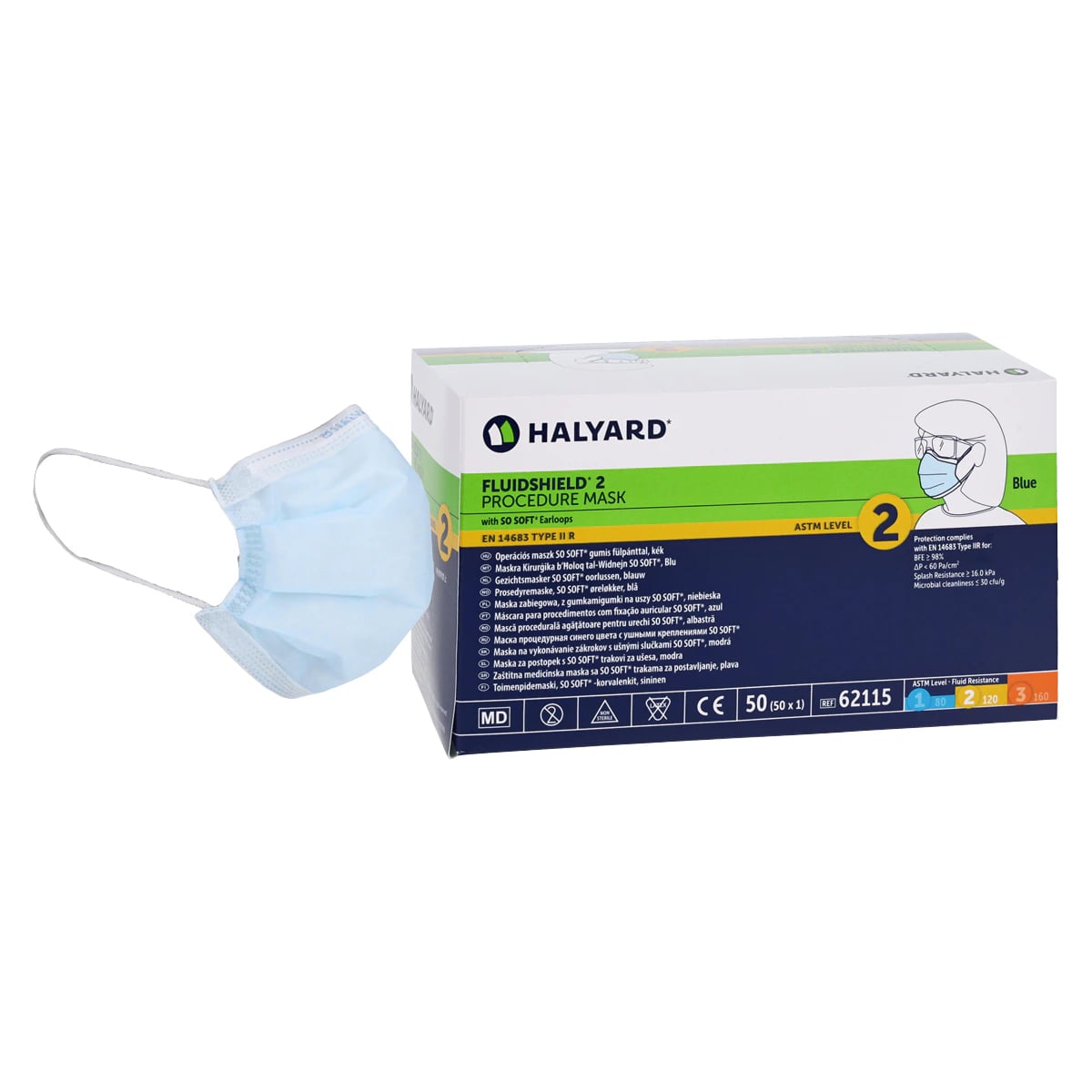 Halyard FluidShield Level 2 Procedure Mask, Blue, 50/Box, 62115