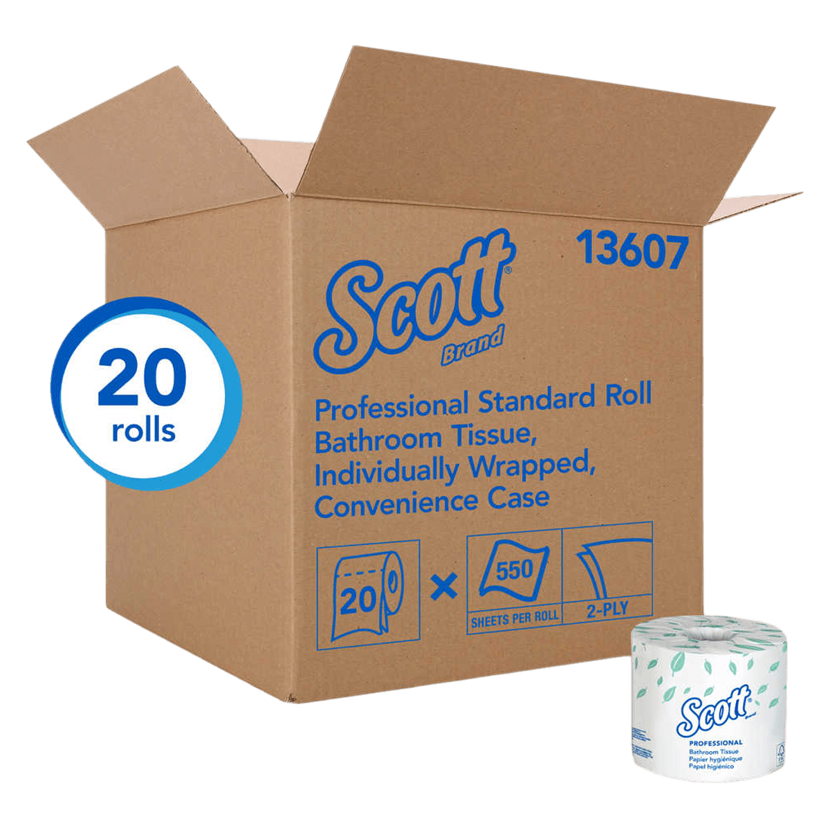 Scott Essential Standard Roll Bathroom Tissue for Business, 2-Ply, White, 4" x 4", 20 Rolls/Case