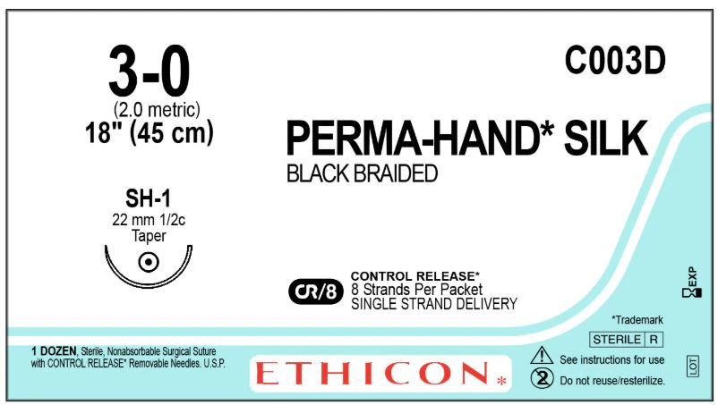 Ethicon Perma-Hand Silk Suture, 3-0, 18", Black Braided, SH-1 Taper Point Needle, 1/2 Circle, 12/Box, C003D
