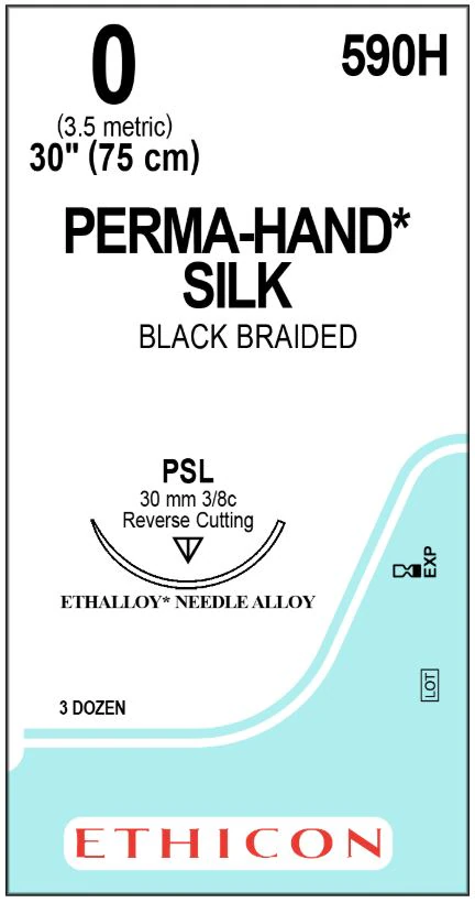 Ethicon Perma-Hand Silk Suture, Size 0, 30 in, Black Braided, PSL Needle, Reverse Cutting, 3/8 Circle, 3 Dozen/Box