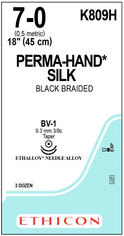 Ethicon Perma-Hand Silk Braided Suture, 7-0, 18 in, Black, BV-1 Taper Point Needle, 3/8 Circle, 36/Box