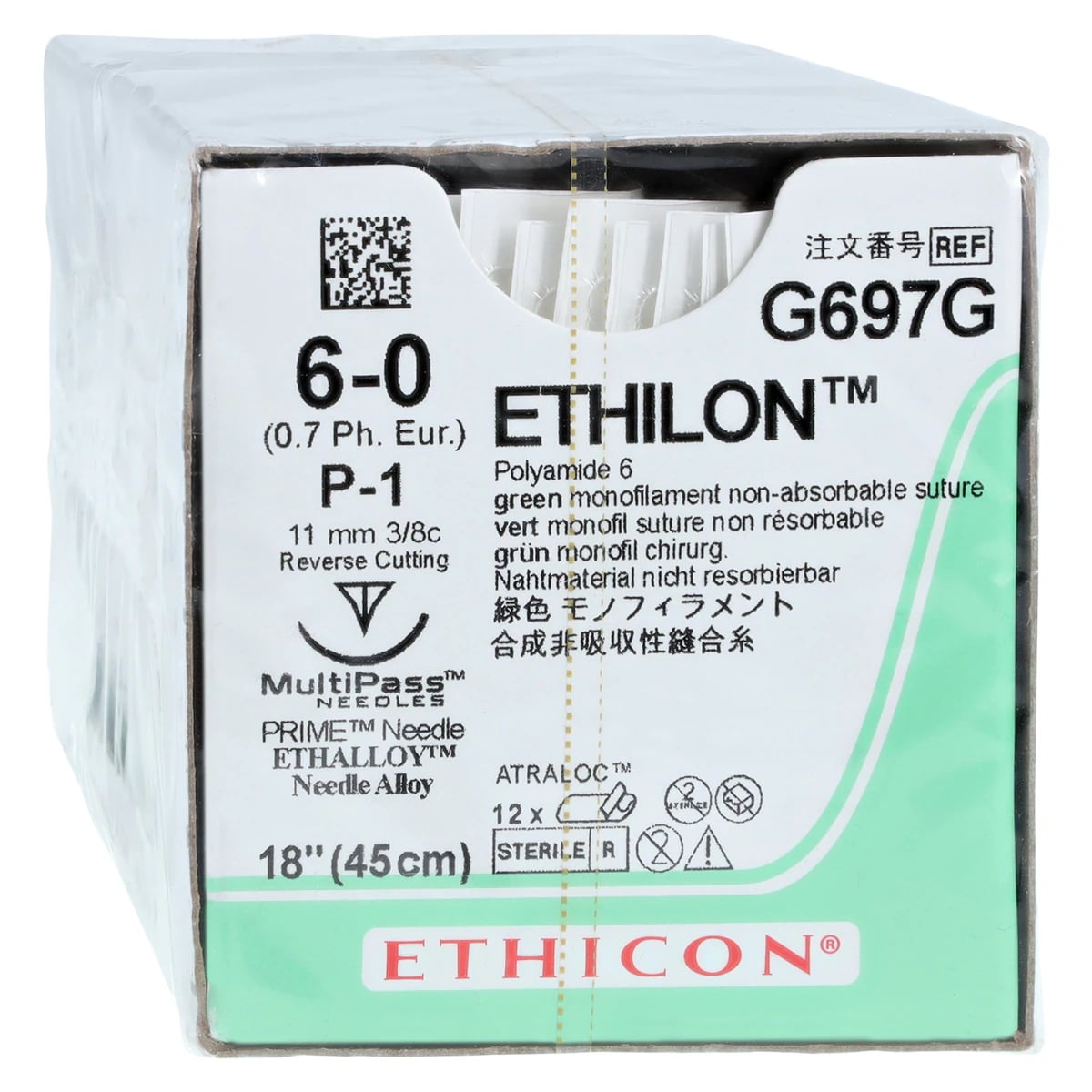 ETHILON™ Nylon Monofilament Nonabsorbable Suture, Size 6-0, Green, 18", P-1 Precision Point Reverse Cutting Needle, 3/8 Circle, 12/Box