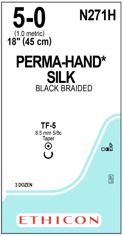 Ethicon Perma-Hand Silk Braided Non-Absorbable Suture, Size 5-0, 18 in, TF-4 Taper Point 1/2 Circle Needle, Black, 3 Dozen/Box