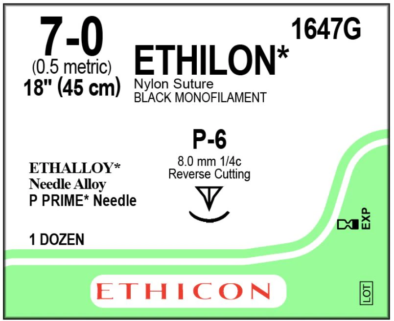 Ethicon Ethilon Nylon Monofilament Non-Absorbable Suture, Size 7-0, 18", P-6 Prime Reverse Cutting Needle, 3/8 Circle, 8mm, Black, 12/Box, 1647G