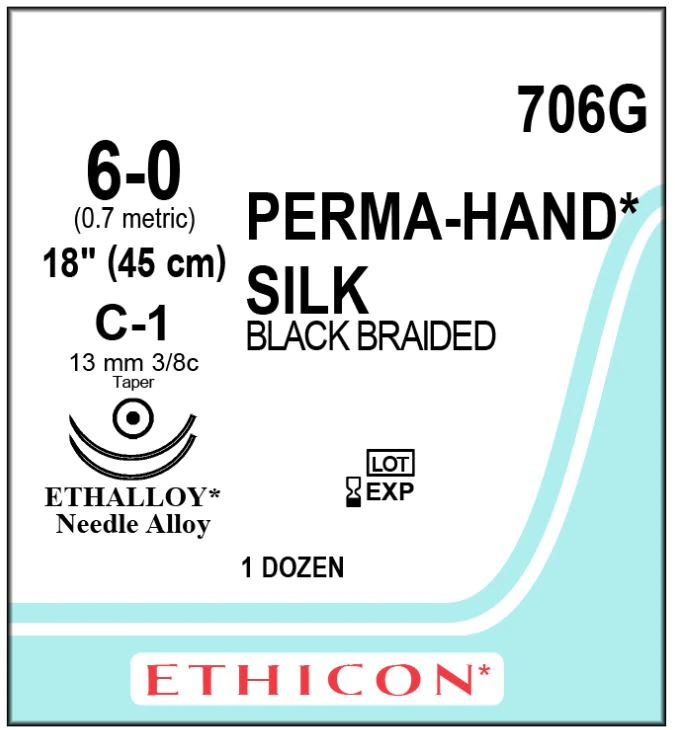 Ethicon Perma-Hand Silk Braided Non-Absorbable Suture, 6-0, 18", C-1 Taper Point Needle, 3/8 Circle, 13mm, Black, 12/Box, 706G