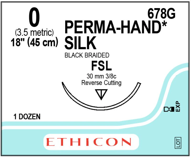 Ethicon Perma-Hand Silk Braided Suture, Size 0, 18", Black, FSL Reverse Cutting 3/8 Circle Needle, 12/Box, 678G