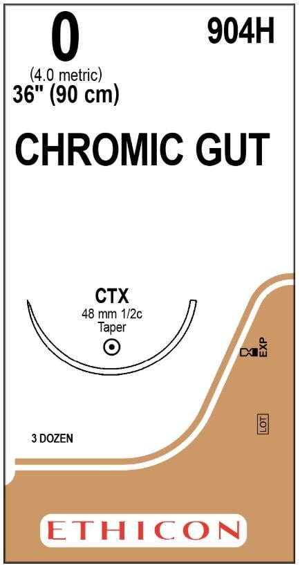Ethicon Chromic Gut Surgical Suture, Size 0, 36", CTX Taper Point 1/2 Circle Needle, 3 Dozen/Box, 904H