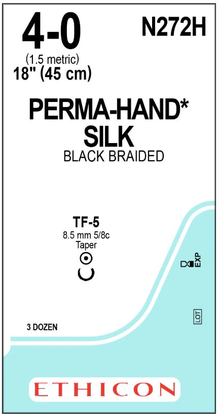 Ethicon Perma-Hand Silk Braided Non-Absorbable Suture, 4-0, 18", TF-4 Taper Point 1/2 Circle Needle, Black, 3 Dozen/Box, N272H