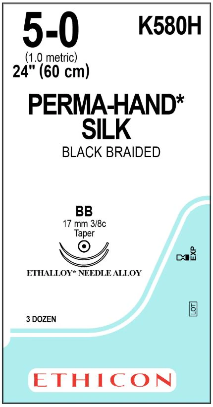 Perma-Hand Silk Braided Non-Absorbable Suture, 5-0, 24", Black, BB/BB Taper Point 3/8 Circle 17mm Needle, 36/Box