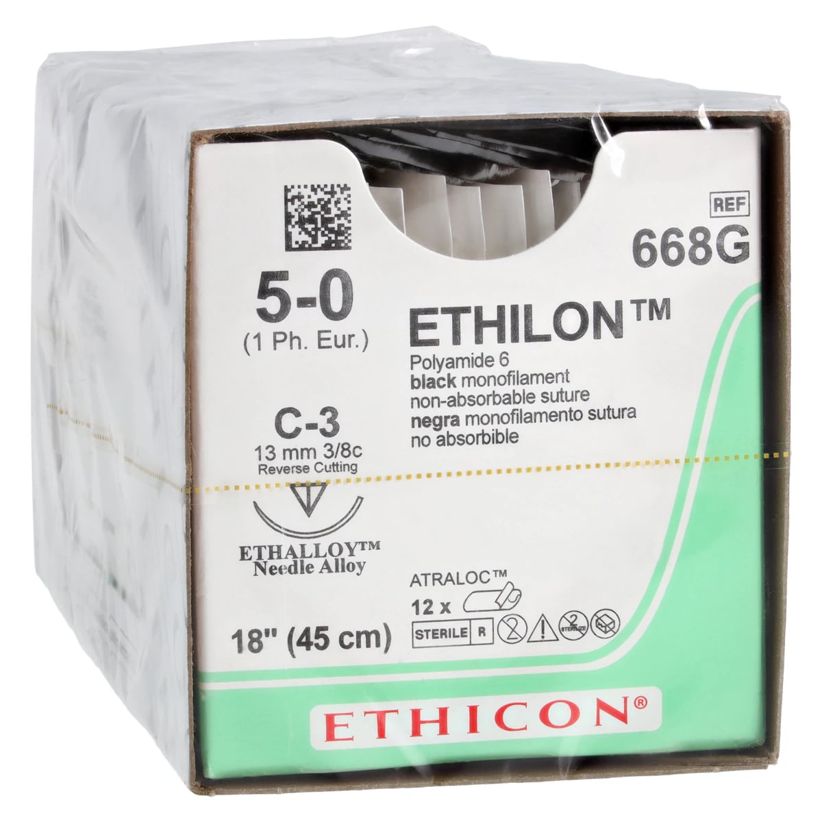 Ethilon Nylon Monofilament Non-Absorbable Suture, 5-0, 18", C-3 Reverse Cutting Needle, 3/8 Circle, 13mm, Black, 12/Box, 668G