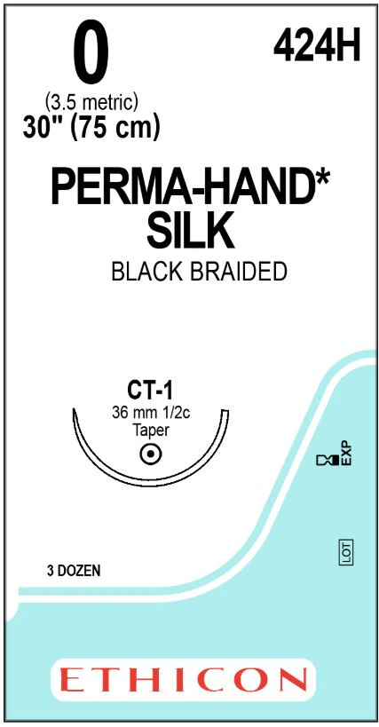Ethicon Perma-Hand Silk Braided Non-Absorbable Suture, Size 0, 30 in, Black, CT-1 Taper Point 1/2 Circle Needle, 36/Box