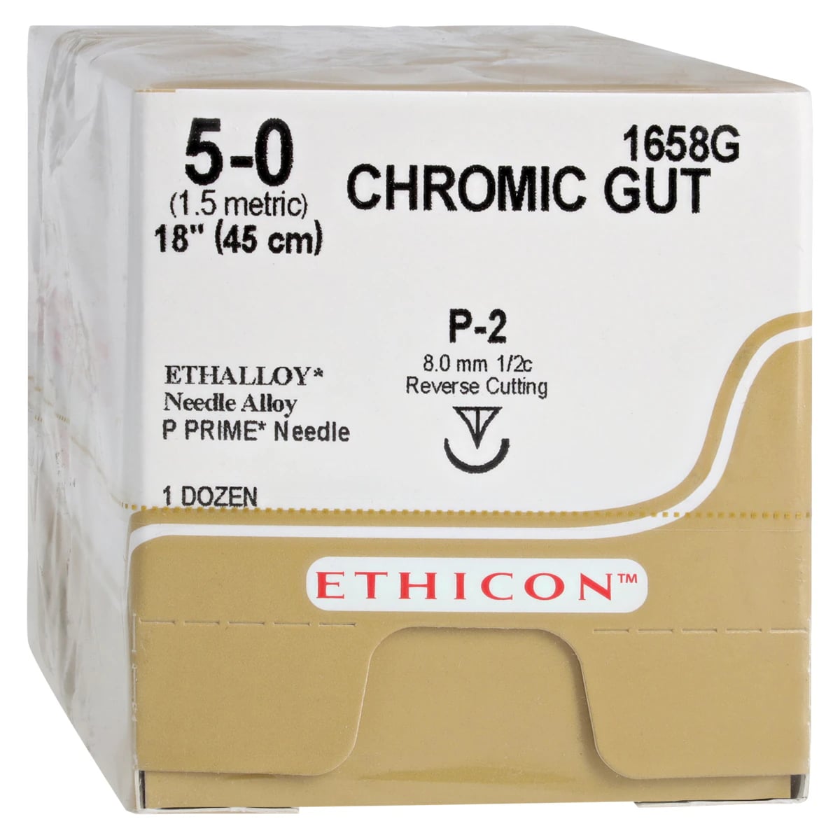Ethicon Chromic Gut Suture, 5-0, 18", P-2 Precision Point Reverse Cutting Needle, 12/Box, 1658G