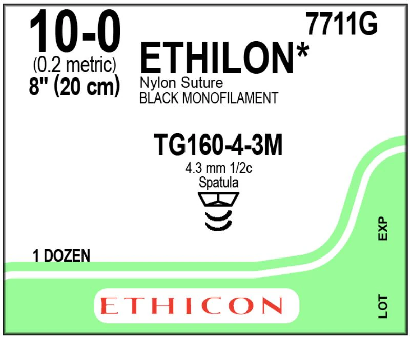 Ethilon Nylon Monofilament Non-Absorbable Suture, Size 10-0, Black, 8", TG160-4-3M Cutting Edge Spatula Reverse 1/2 Circle Needle, 12/Box