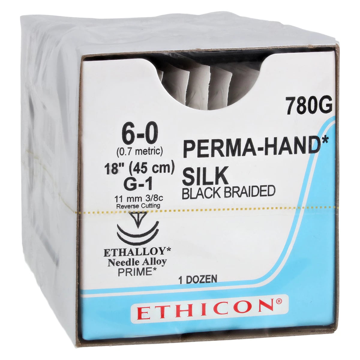 Perma-Hand Silk Braided Non-Absorbable Suture, Size 6-0, 18 in, G-1 Reverse Cutting 3/8 Circle Needle, Black, 12/Box