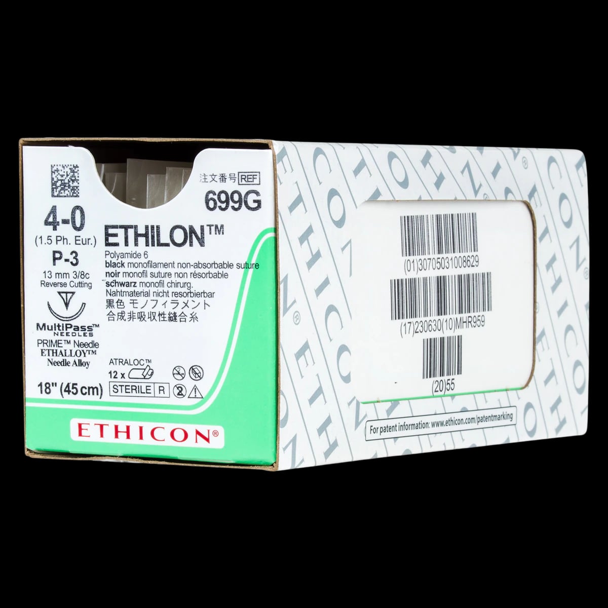 Ethicon Ethilon Nylon Sutures, 4-0, 18", Black, Monofilament, P-3 Precision Point Reverse Cutting, 3/8 Circle Needle, 13mm, Non-Absorbable, 12/Bx, 699G