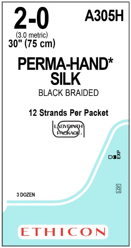Ethicon Perma-Hand Silk Suture, Sutupak Pre-Cut, Size 2-0, 12-30", Black Braided, Non-Absorbable, 36/Box, A305H