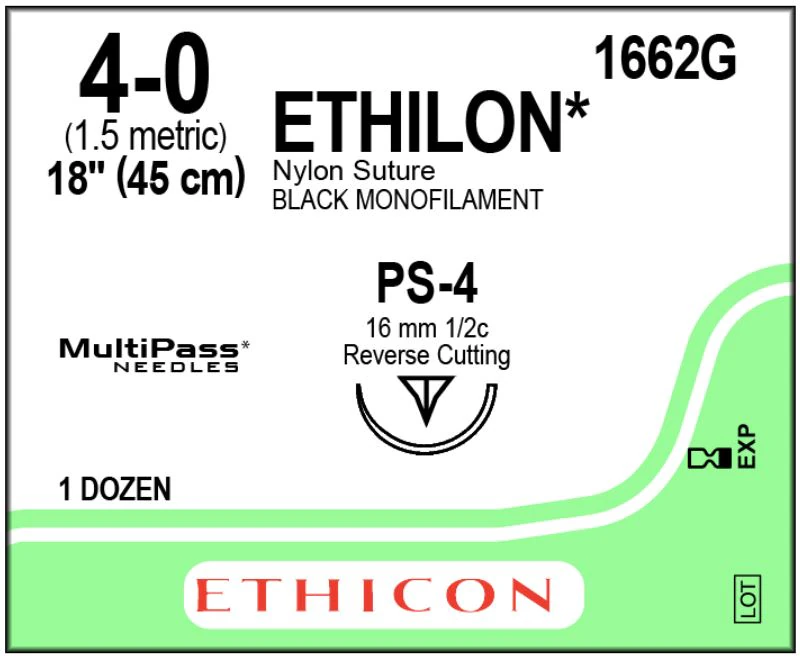 Ethilon Nylon Monofilament Non-Absorbable Suture, 4-0, 18", PS-4 Prime Reverse Cutting 1/2 Circle Needle 16mm, Black, 12/Box, 1662G