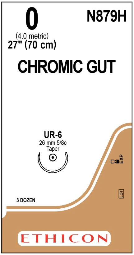 Ethicon Chromic Gut Surgical Suture, Size 0, 27", UR-6 Taper Point 5/8 Circle Needle, 36/Bx, N879H