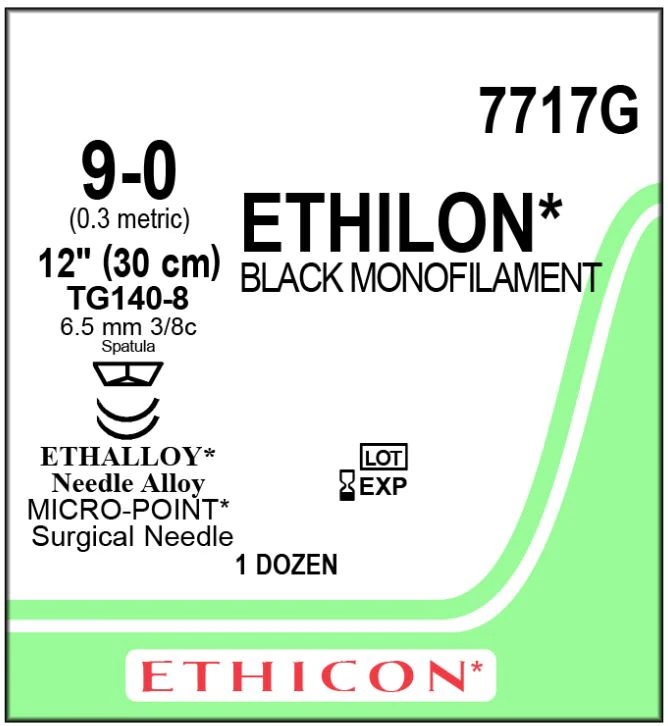 Ethilon Nylon Monofilament Non-Absorbable Suture, Size 9-0, Black, 12" Length, TG140-8 Cutting Edge Spatula Reverse 3/8 Circle Needle, 6.5mm, 12/Box