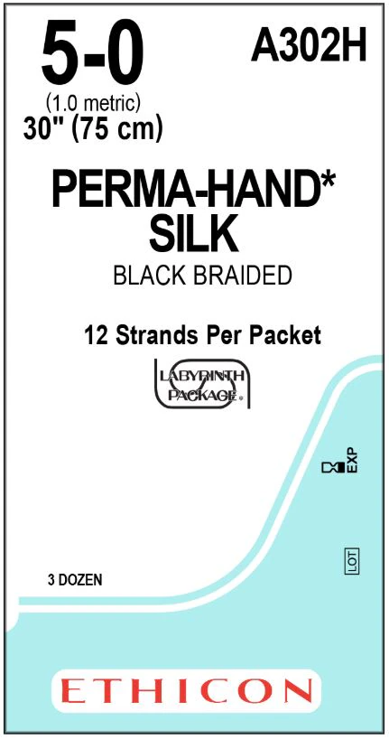 Ethicon Perma-Hand Silk Suture, Braided, Non-Absorbable, Coated Black, Size 5-0, 18", 36/Box, A302H