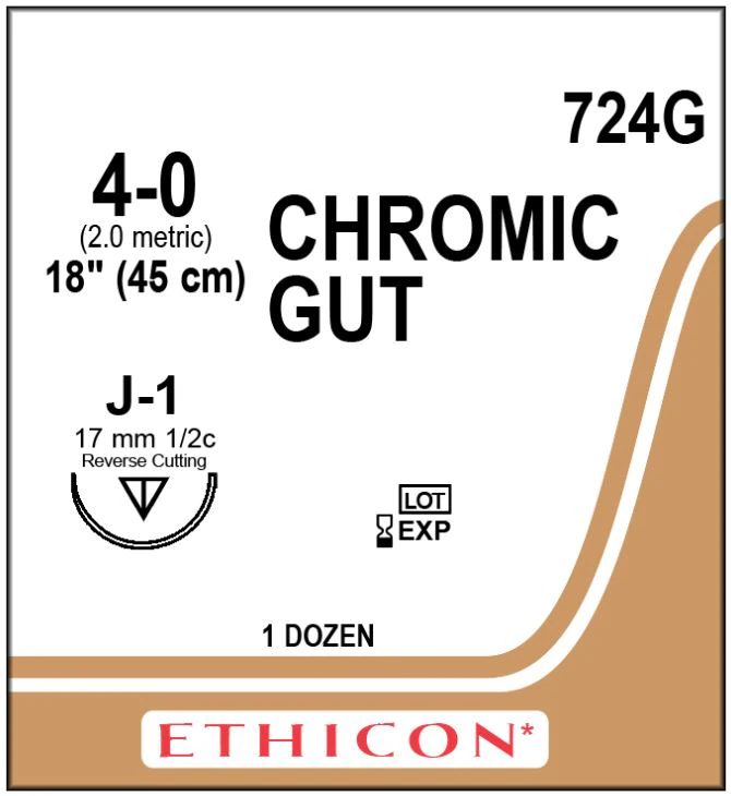Ethicon Chromic Gut Surgical Suture, 4-0, 18", Reverse Cutting J-1 1/2 Circle Needle, 12/Box, 724G